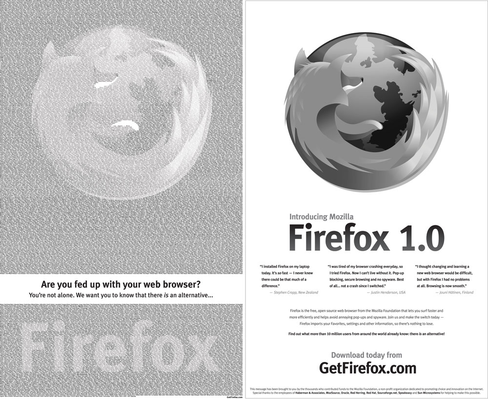 A two-page newspaper ad. On one side the Firefox logo is made up from hundreds of names of volunteers. On the other side, Firefox 1.0 is introduced and people are urged to download it from getfirefox.com.