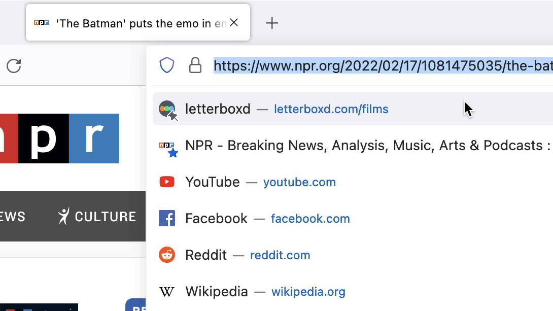 A browser address bar showing a list of websites