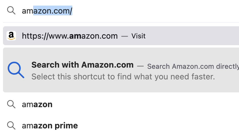 A browser is displaying search suggestions for Amazon.com.